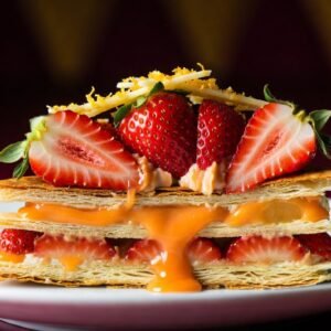 Momozin gourmet: mil-folhas elegante com camadas crocantes de massa folhada, creme sedoso de laranja e morangos frescos vibrantes. Criação RootTaste.