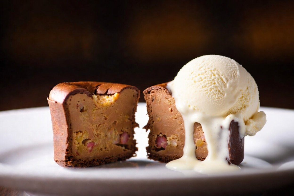 Petit Cachorreau cortado ao meio com casquinha crocante de chocolate e recheio cremoso de brigadeiro de salsicha picada, acompanhado de bola de sorvete de queijo coalho. Criação RootTaste.
