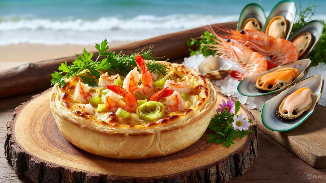 Torta reta gourmet de camarão e alho-poró, crocante e cremosa, sobre prato branco. Fundo litorâneo brasileiro com mar azul, ervas frescas e frutos do mar.