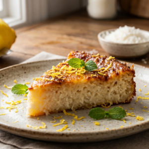 Uma fatia de cocada de forno dourada com raspas de limão siciliano e hortelã, servida sobre mesa de madeira com ingredientes ao fundo.