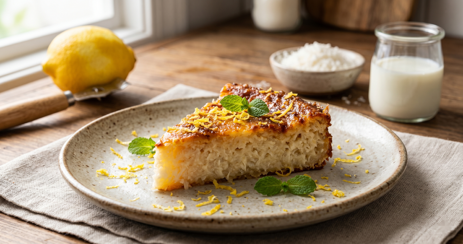 Uma fatia de cocada de forno dourada com raspas de limão siciliano e hortelã, servida sobre mesa de madeira com ingredientes ao fundo.