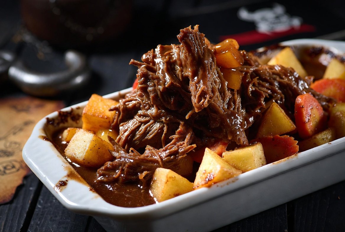 Carne de Panela do Capitão Gancho pronta: carne desfiada suculenta com crosta crocante, batatas, cenouras e molho adocicado pirata em travessa gourmet com tema náutico.