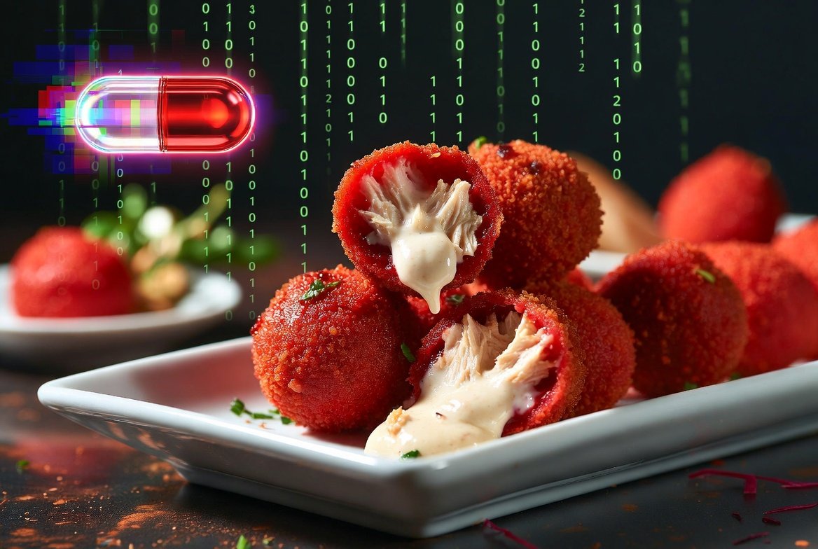 Coxinha da Matrix pronta: coxinhas com massa vermelha crocante, recheio cremoso de frango com catupiry derretendo em travessa gourmet com tema cibernético.
