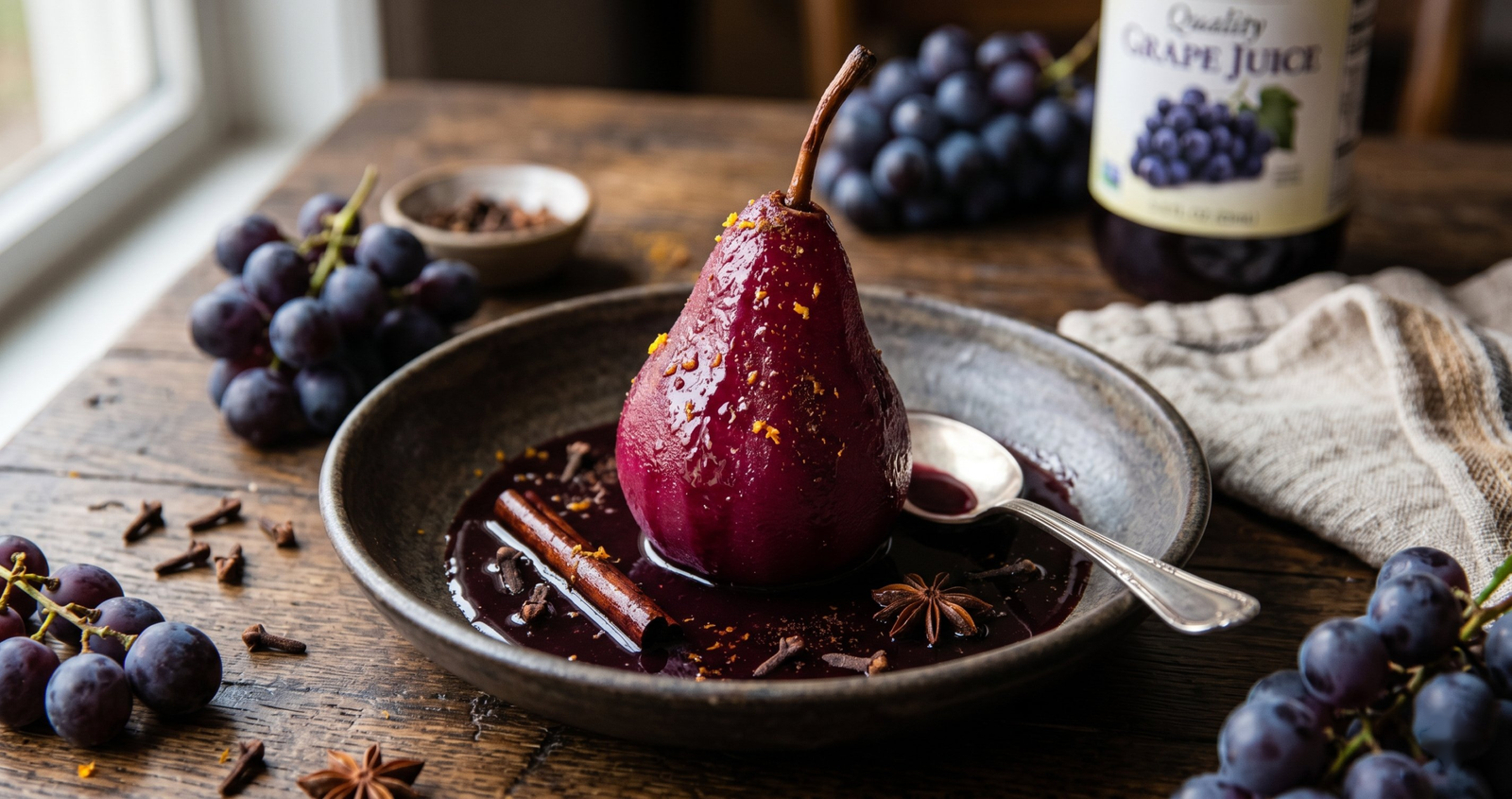 Uma pera cozida em suco de uva roxo sobre uma mesa de madeira. A pera é cercada por uvas, paus de canela e cravos. Uma garrafa de suco de uva ao fundo.