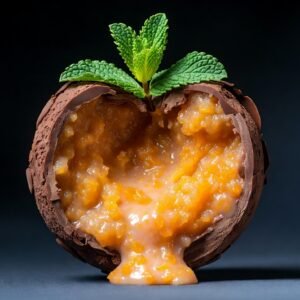 Esfera de Fogo RootTaste: bola de chocolate redonda perfeita com recheio cremoso texturizado de laranja cítrica escorrendo, foto gourmet close-up.