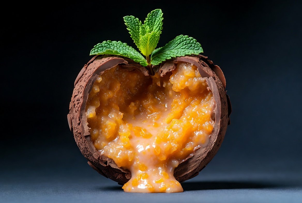 Esfera de Fogo RootTaste: bola de chocolate redonda perfeita com recheio cremoso texturizado de laranja cítrica escorrendo, foto gourmet close-up.