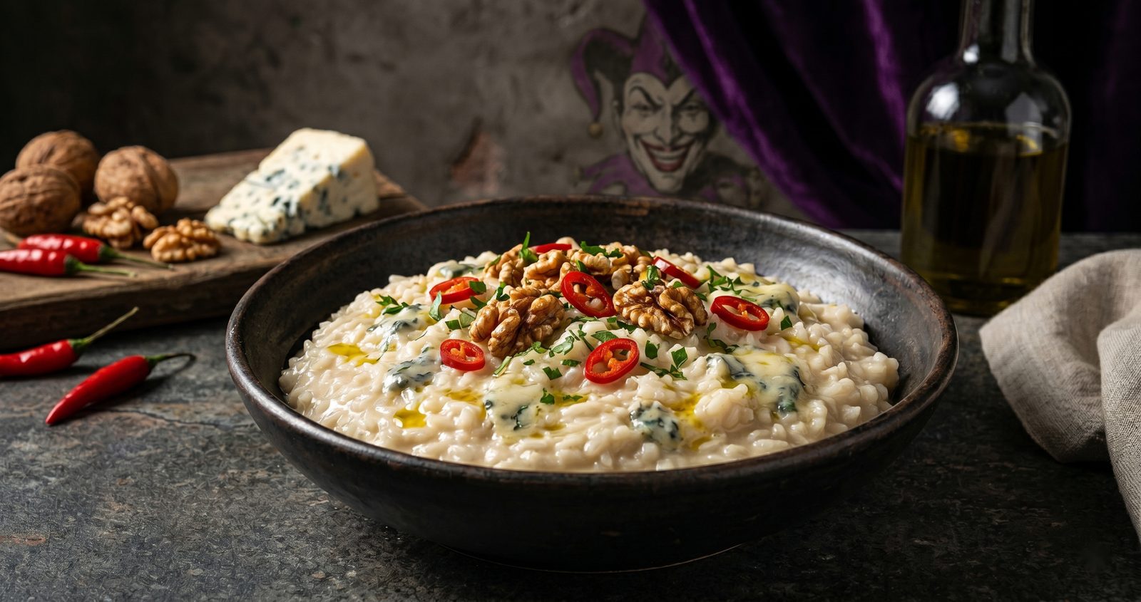 Um prato de risoto cremoso com nozes picadas, queijo gorgonzola derretido e pimenta vermelha fatiada em uma tigela rústica, com um fundo sombrio de um bobo da corte e tecidos roxos.