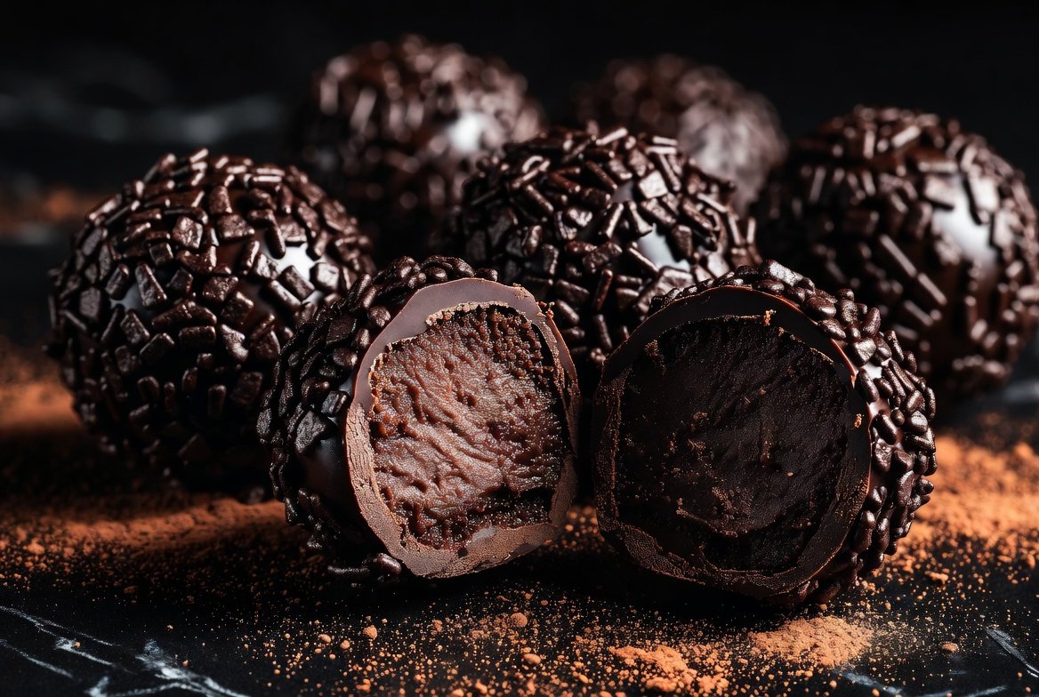 Brigadeiro do Além gourmet: bolinhas de brigadeiro amargo intenso com chocolate negro, café espectral e granulado negro crocante