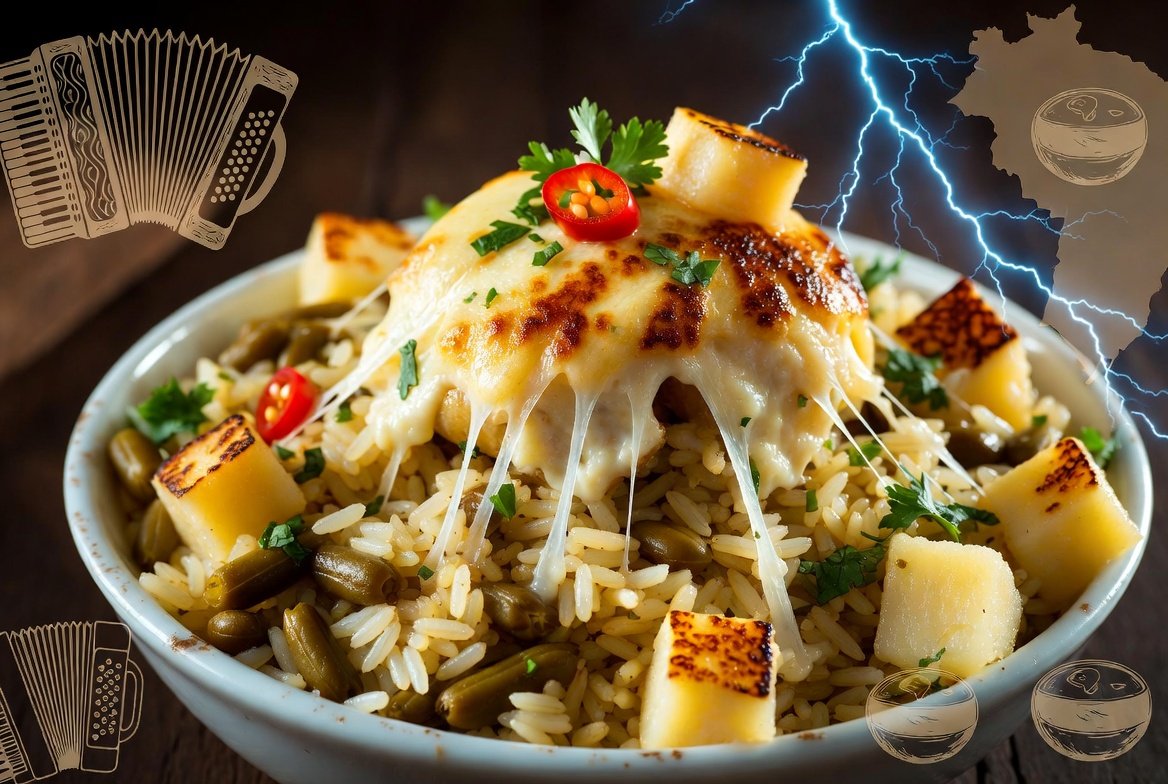 Baião de Dois Elétrico pronto: arroz soltinho com feijão verde, macaxeira cremosa e queijo coalho grelhado esticando, em travessa gourmet com tema nordestino vibrante.