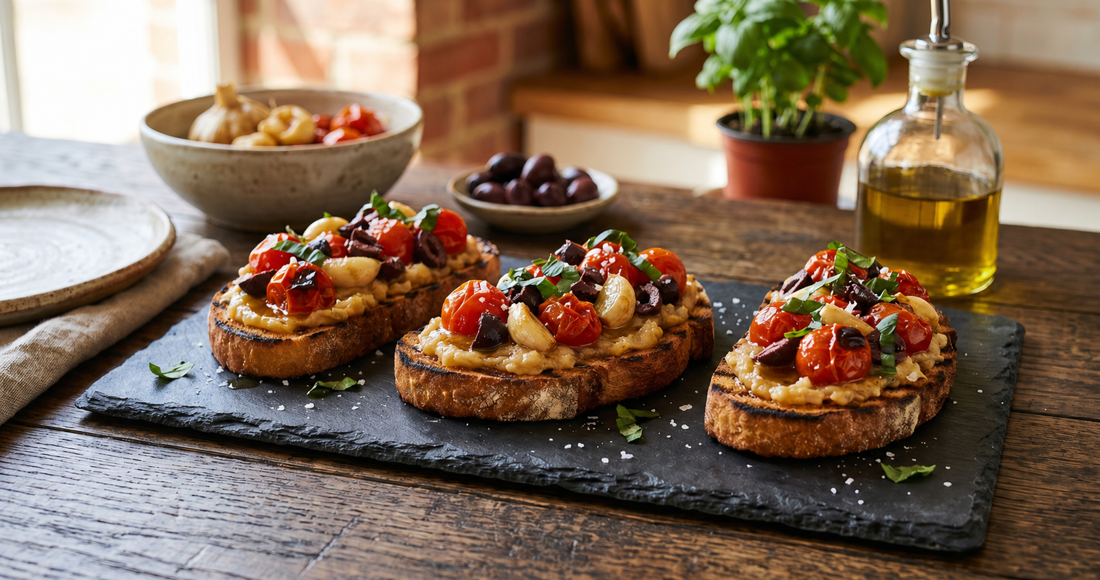 Três bruschettas rústicas em ardósia com pão grelhado, creme de alho, tomates assados, azeitonas e manjericão. Fundo de madeira gourmet.