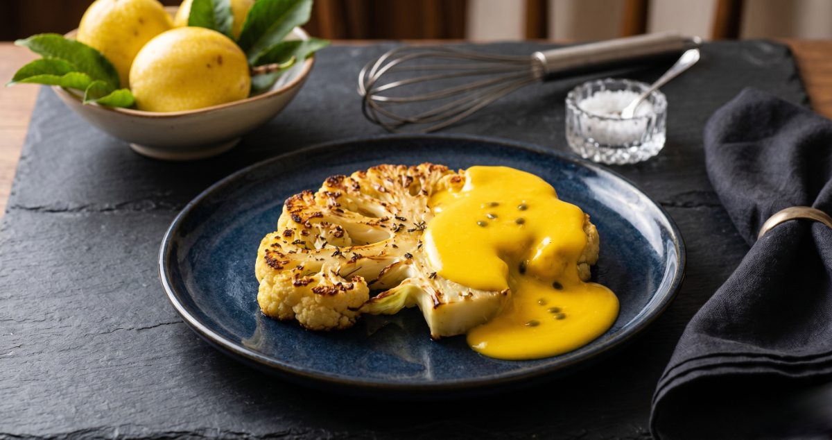 Steak de couve-flor assado com molho holandês de maracujá vibrante e sementes visíveis, servido em um prato cerâmico escuro artesanal.