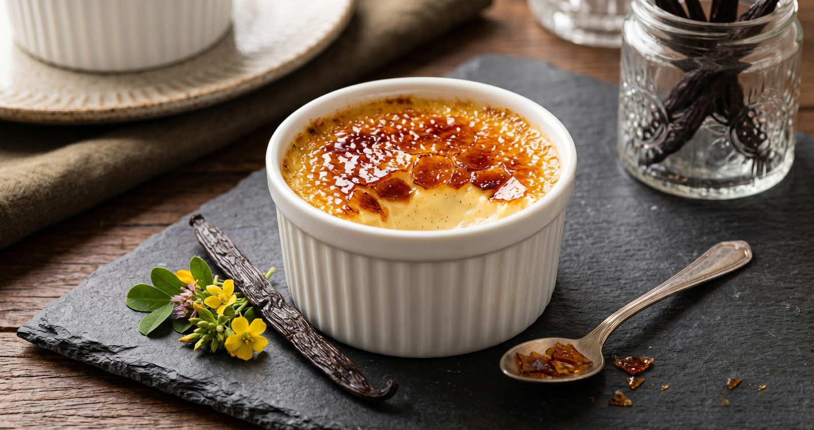 Creme Belê com crosta de açúcar caramelizado em ramequim, decorado com fava de baunilha do cerrado sobre mesa de madeira escura em estilo gourmet.
