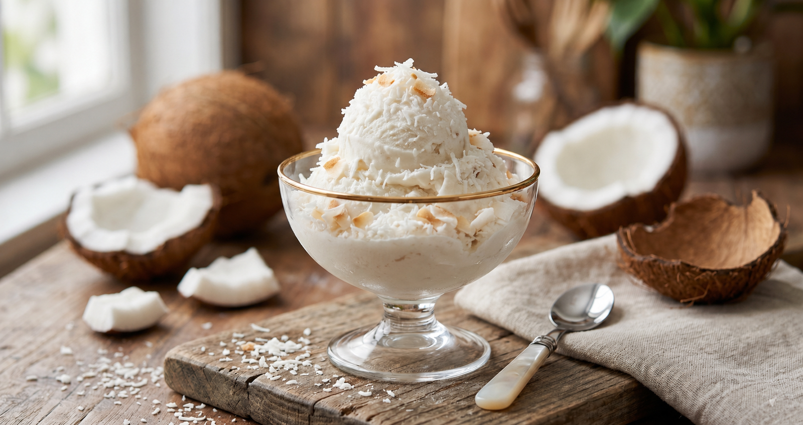 Um elegante taça de sobremesa de vidro preenchida com sorvete de coco branco cremoso sobre uma mesa de madeira. O sorvete é decorado com flocos de coco e chips de coco fatiados. Cocos inteiros e partidos com polpa de coco estão ao redor da taça. Uma colher e um pano de linho completam a cena.