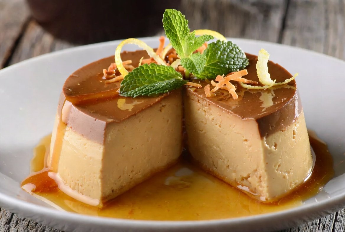Caramelô gourmet: pudim cremoso com calda de rapadura brilhante escorrendo, decorado com raspas de limão e coco tostado. Criação exclusiva Root Taste inspirada no viralata caramelo.