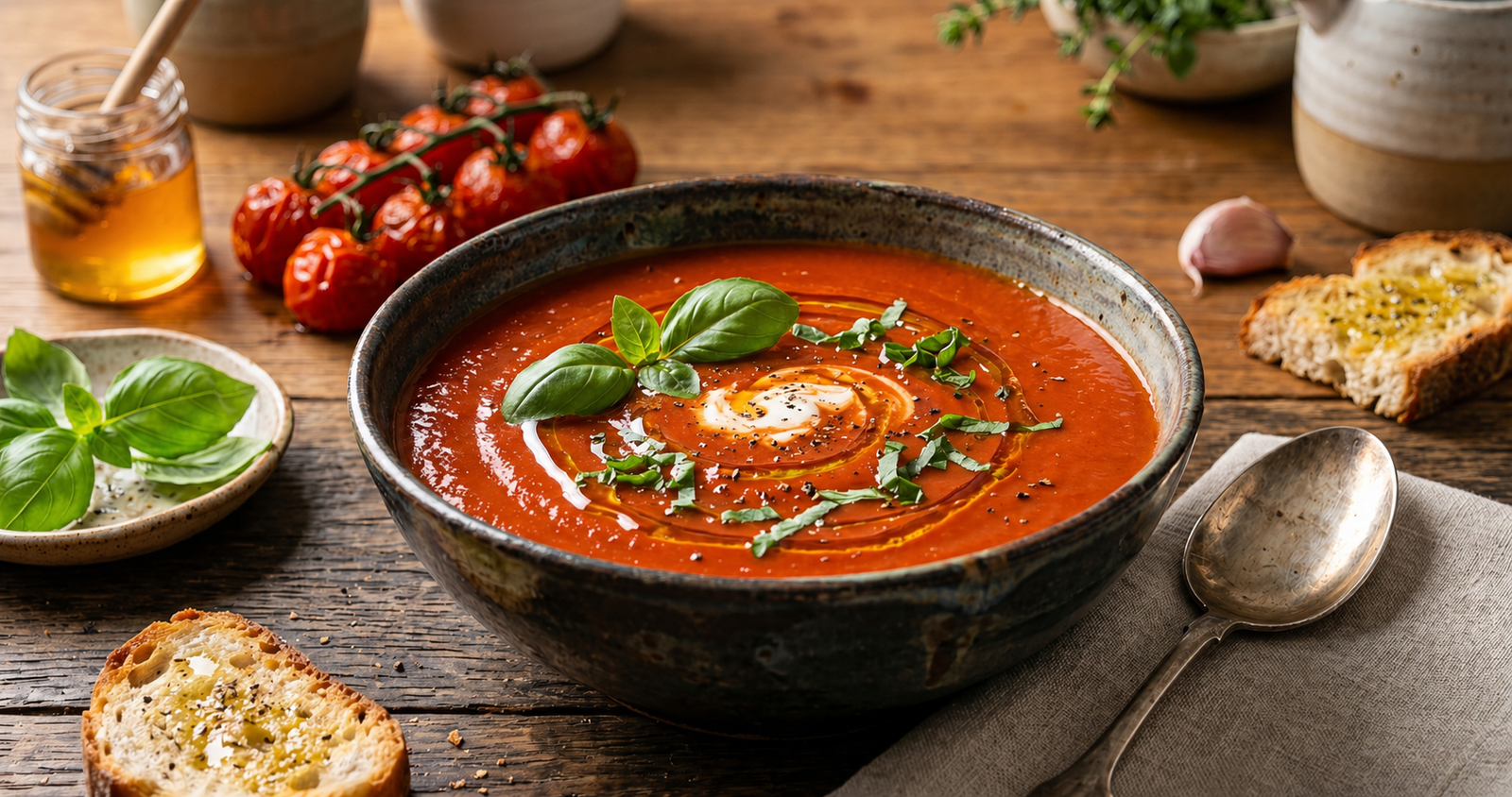 Sopa de tomate rústica com manjericão, creme e mel, acompanhada de pão e tomates cereja sobre mesa de madeira.