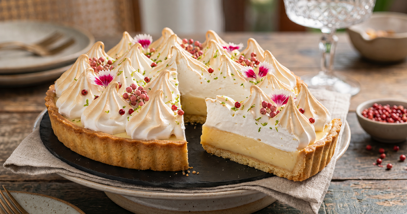 Torta gourmet de limão com picos de merengue suíço dourados, decorada com pimenta rosa e raspas de limão em um cenário elegante de madeira.