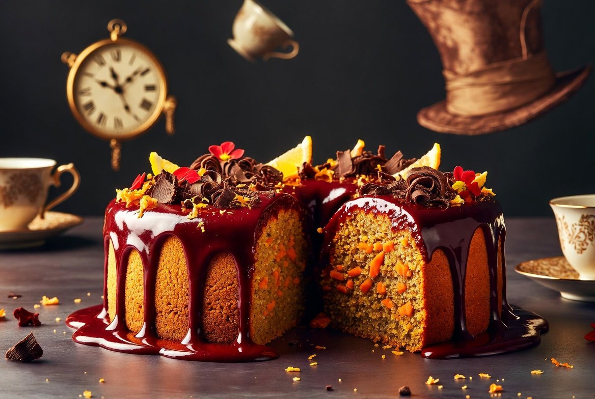 Bolo de Cenoura do Chapeleiro Maluco pronto: massa úmida laranja com brigadeiro vermelho que muda de sabor, fatia cortada em travessa gourmet temática.