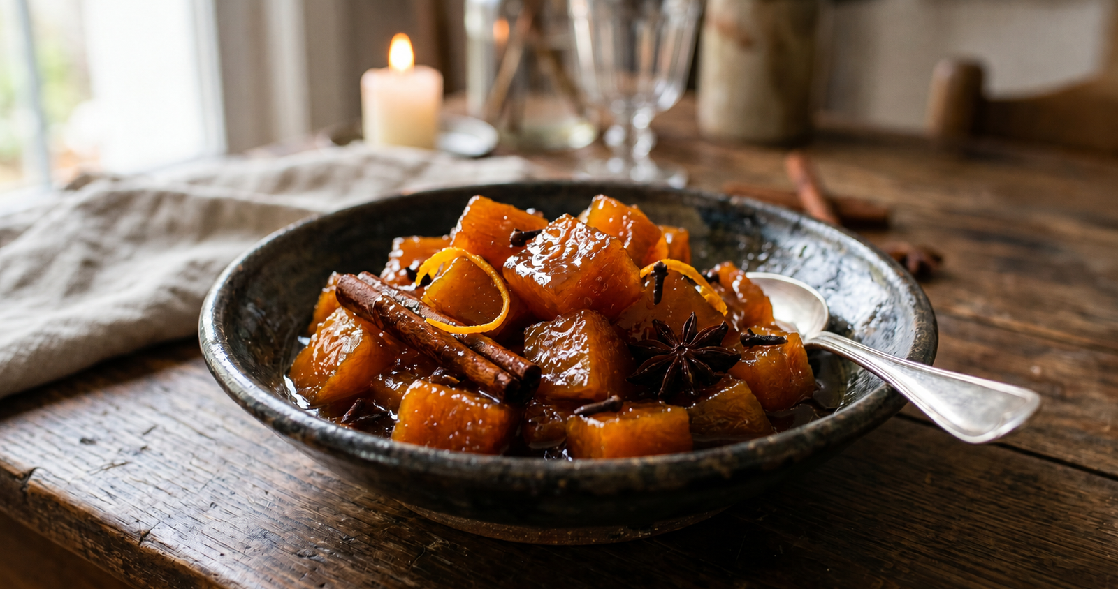 Doce de abóbora em cubos brilhantes com calda de especiarias e canela, servido em tigela de cerâmica rústica sobre mesa de madeira escura. Estilo gourmet.