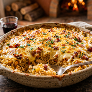 Arroz de forno cremoso gratinado com queijo e bacon em travessa rústica, servido em cozinha aconchegante com vinho ao fundo.