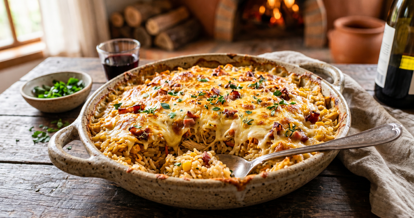 Arroz de forno cremoso gratinado com queijo e bacon em travessa rústica, servido em cozinha aconchegante com vinho ao fundo.