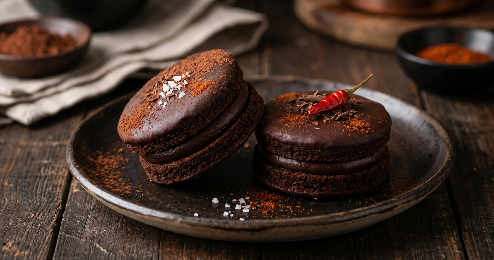 Dois mini bolos de chocolate escuro recheados com ganache brilhante, decorados com uma pitada de pimenta caiena e flor de sal em ambiente gourmet.