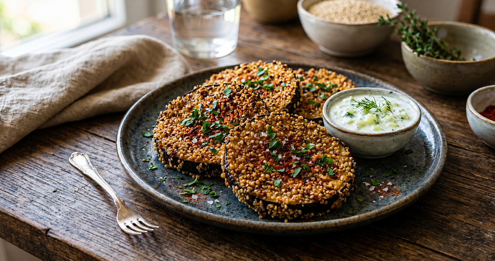 Rodelas de berinjela douradas com crosta rústica de quinoa e páprica, servidas em um prato de cerâmica elegante com fundo de madeira rústica.