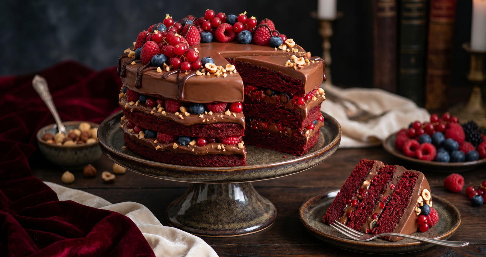 Bolo de chocolate em camadas com ganache, frutas vermelhas e avelãs, servido em pedestal com fatia ao lado em cenário rústico e elegante.