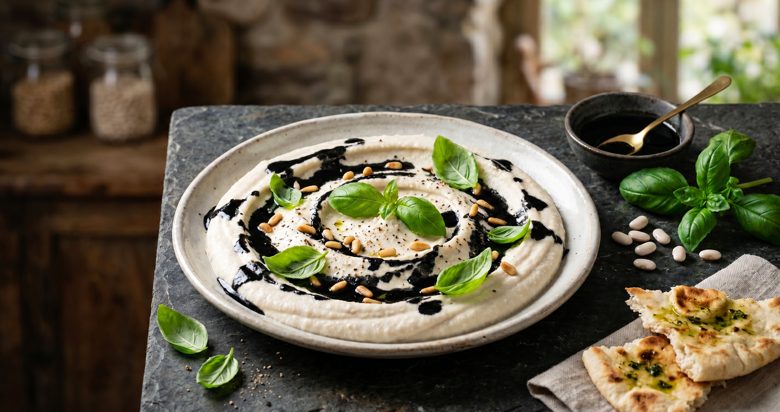 Hummus de feijão branco cremoso em prato raso com fios de azeite de carvão preto intenso e folhas de manjericão fresco, estilo fotografia gastronômica.