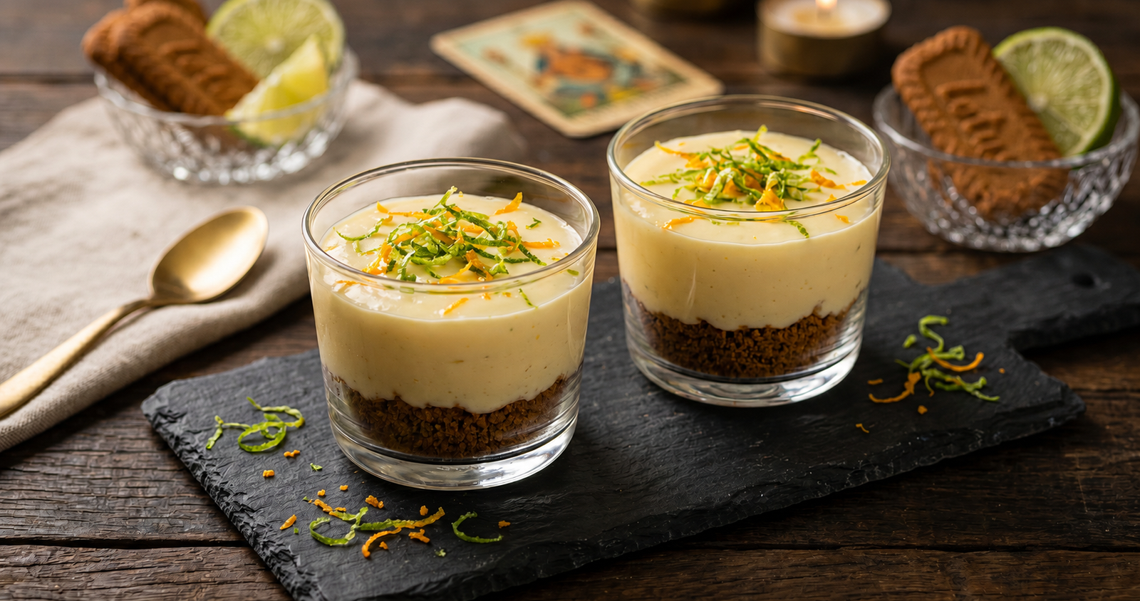 Taças gourmet com creme de limão sobre base escura de biscoito caramelizado, decoradas com raspas cítricas em um fundo elegante e místico.
