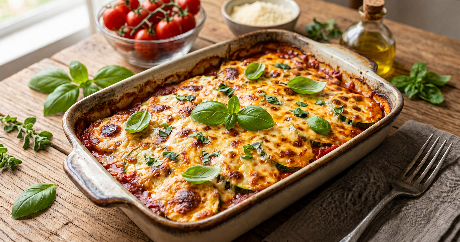 Abobrinha fatiada gratinada com queijo dourado e molho de tomate vibrante em refratário gourmet, decorada com manjericão fresco e fundo rústico.