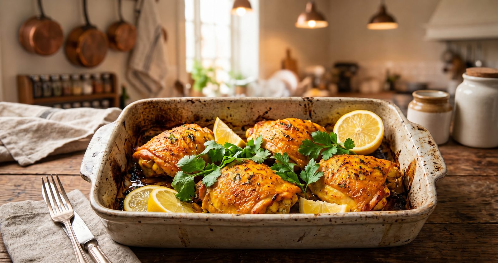Sobrecoxas de frango douradas com cúrcuma e iogurte em travessa rústica, decoradas com ervas e limão em ambiente gourmet iluminado.