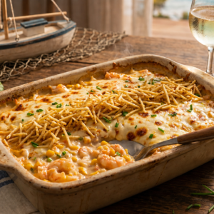 ricassé de camarão gratinado com queijo dourado e batata palha crocante em um refratário, servido em mesa rústica com elementos náuticos ao fundo.