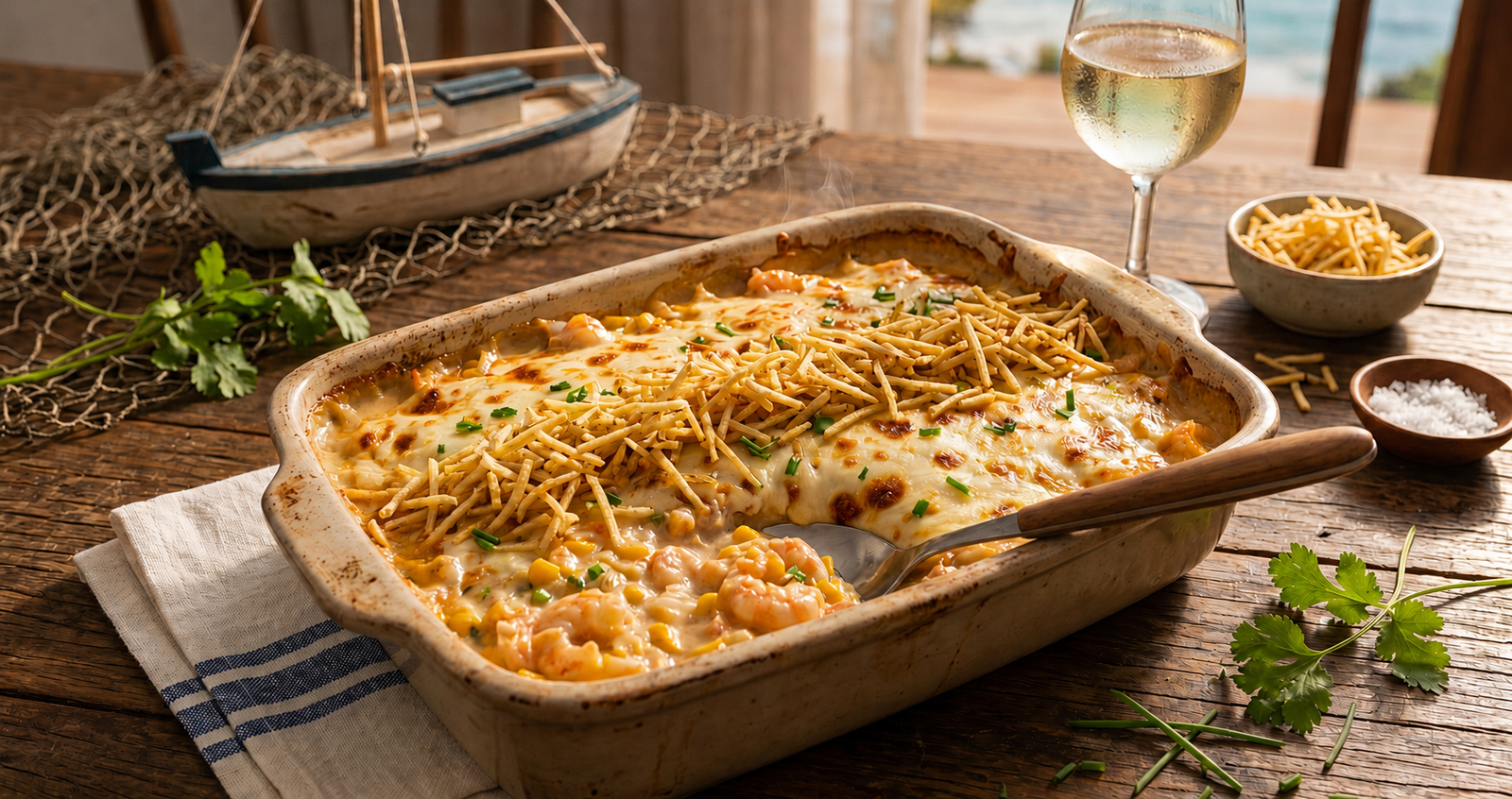 ricassé de camarão gratinado com queijo dourado e batata palha crocante em um refratário, servido em mesa rústica com elementos náuticos ao fundo.