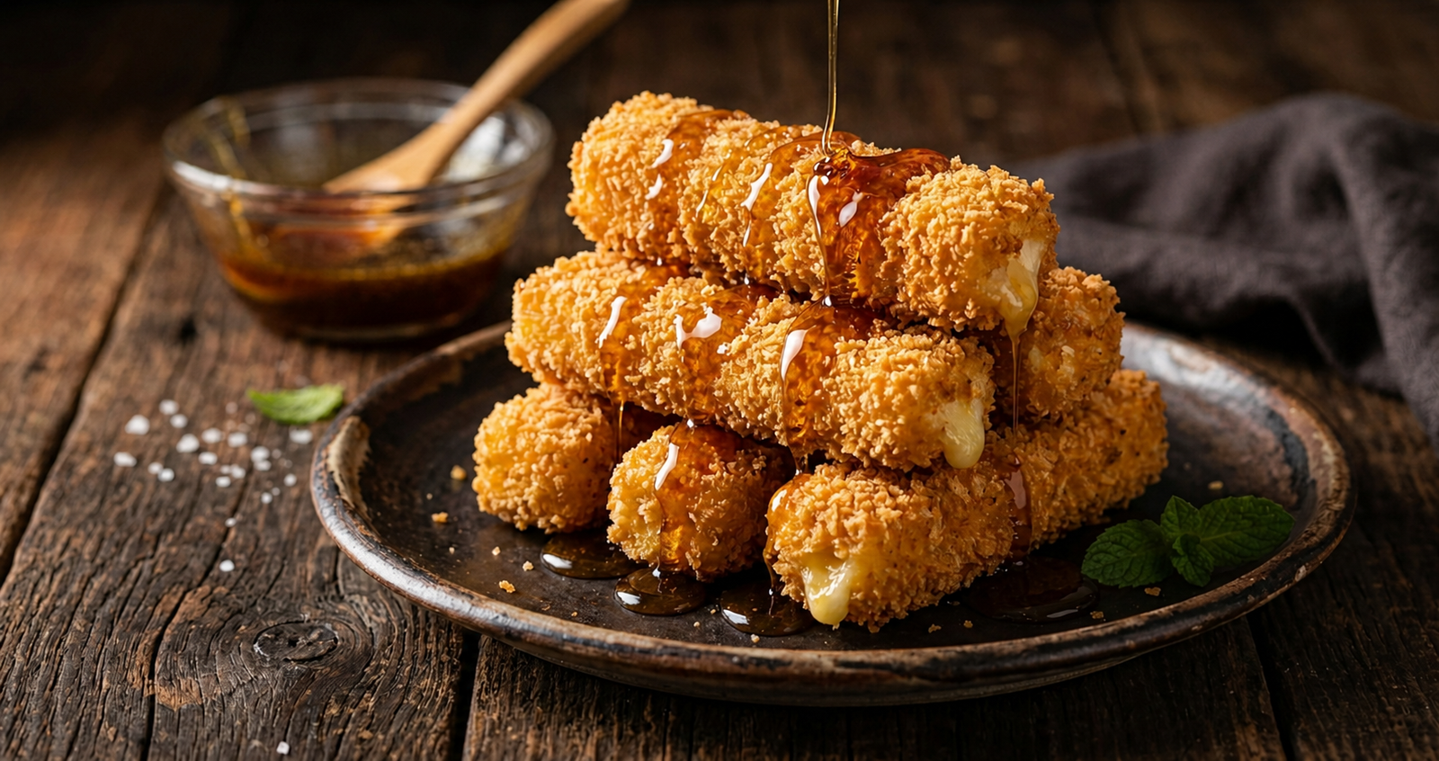 Palitos de queijo empanados em panko, cortados ao meio revelando melaço de cana viscoso saindo do centro, em prato cerâmico rústico e luz dramática.