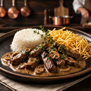 Strago Bofe gourmet: strogonoff de entrecôte ultra cremoso com alho negro e cogumelos Paris, servido em prato de cerâmica escura com luz cinematográfica.