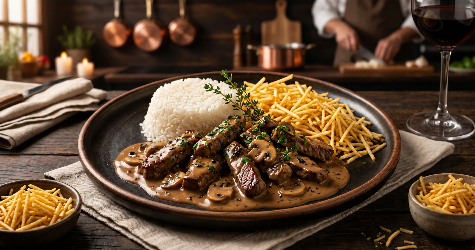 Strago Bofe gourmet: strogonoff de entrecôte ultra cremoso com alho negro e cogumelos Paris, servido em prato de cerâmica escura com luz cinematográfica.
