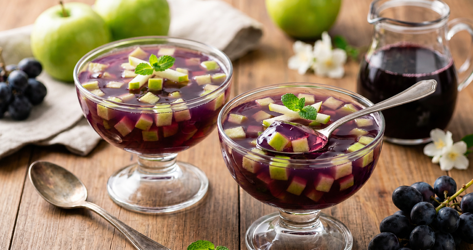 Gelatina de uva de cor roxa profunda em taça elegante, com cubos de maçã verde visíveis no interior e decoração de hortelã, estilo fotografia gastronômica.